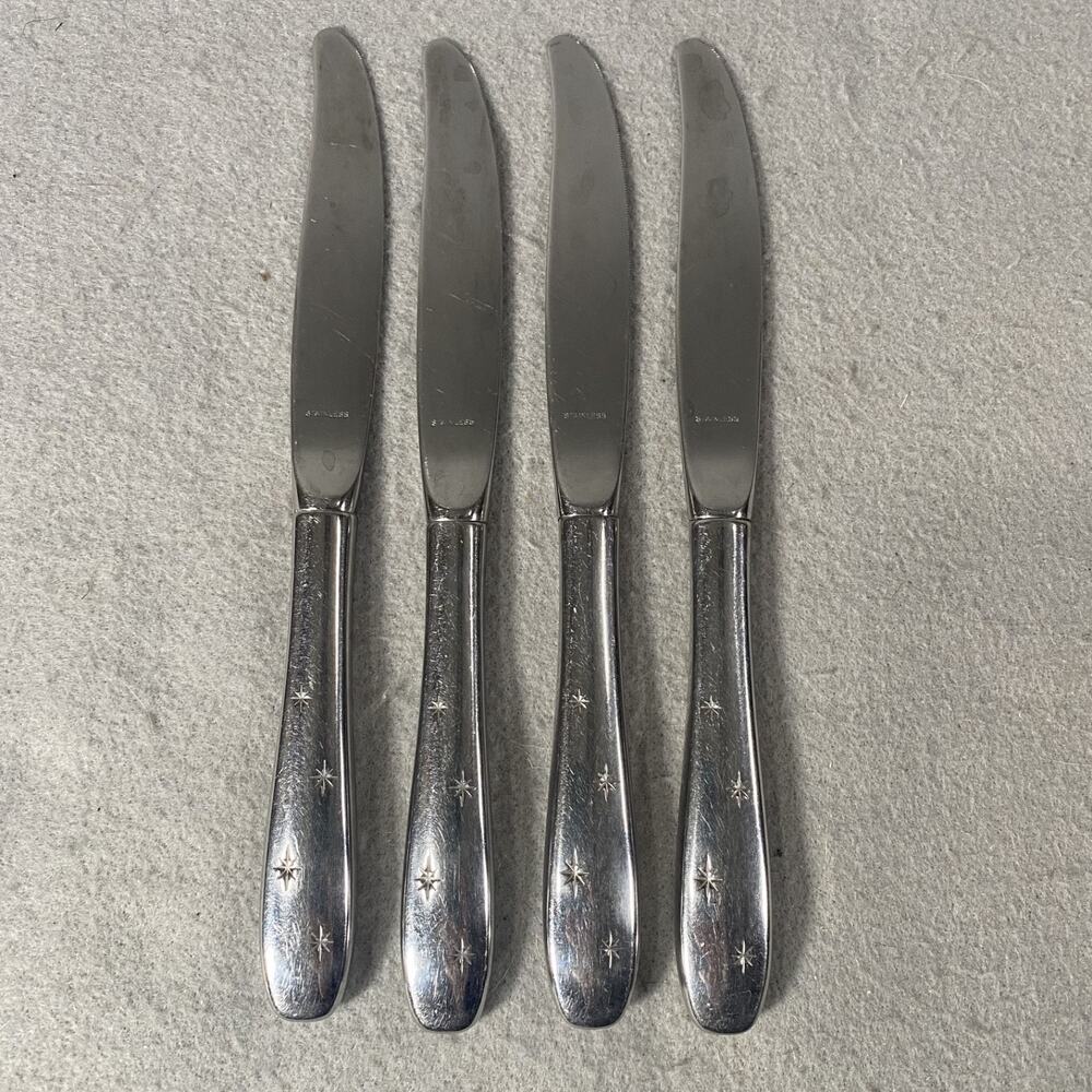 Vintage Wallace Stainless Flatware 4 Knife Set Bright Star Atomic Starburst MCM